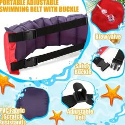 1pc Inflatable Swim Belt for Adults - Adjustable Buoyancy Waist Floatation Aid with Buckle & Rope, Red/Blue PVC Pool Training Device for Swimming Beginners & Experts, Portable for Pool, Lake, Ocean