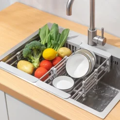 1pc Kitchen Sink Drain Rack Vegetable Sink Drain Basket Vegetable Washing Filter Rack Dishwashing Storage Rack Adjustable Pull-out Drain Rack Optional Size Multifunctional And Multi Scene Use