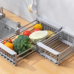 1pc Kitchen Sink Drain Rack Vegetable Sink Drain Basket Vegetable Washing Filter Rack Dishwashing Storage Rack Adjustable Pull-out Drain Rack Optional Size Multifunctional And Multi Scene Use