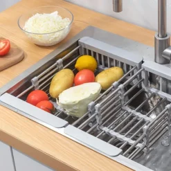1pc Kitchen Sink Drain Rack Vegetable Sink Drain Basket Vegetable Washing Filter Rack Dishwashing Storage Rack Adjustable Pull-out Drain Rack Optional Size Multifunctional And Multi Scene Use