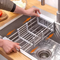 1pc Kitchen Sink Drain Rack Vegetable Sink Drain Basket Vegetable Washing Filter Rack Dishwashing Storage Rack Adjustable Pull-out Drain Rack Optional Size Multifunctional And Multi Scene Use
