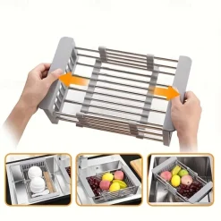 1pc Kitchen Sink Drain Rack Vegetable Sink Drain Basket Vegetable Washing Filter Rack Dishwashing Storage Rack Adjustable Pull-out Drain Rack Optional Size Multifunctional And Multi Scene Use