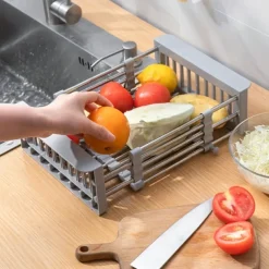 1pc Kitchen Sink Drain Rack Vegetable Sink Drain Basket Vegetable Washing Filter Rack Dishwashing Storage Rack Adjustable Pull-out Drain Rack Optional Size Multifunctional And Multi Scene Use