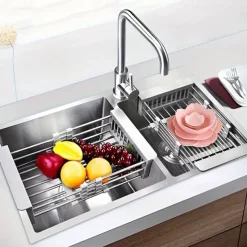 1pc Kitchen Sink Drain Rack Vegetable Sink Drain Basket Vegetable Washing Filter Rack Dishwashing Storage Rack Adjustable Pull-out Drain Rack Optional Size Multifunctional And Multi Scene Use