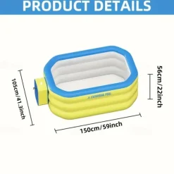 1pc Large Rectangular Inflatable Swimming Pool - Durable PVC Outdoor Family Pool for Garden, Parties & Music Festivals, 1-3 Person Capacity, 3-Layer Construction