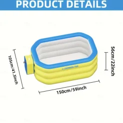 1pc Large Rectangular Inflatable Swimming Pool - Durable PVC Outdoor Family Pool for Garden, Parties & Music Festivals, 1-3 Person Capacity, 3-Layer Construction