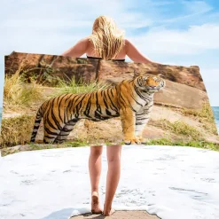 1PC Large Thick Bath Shower Towels 3D White Tiger Design Cotton Beach Towel for Women Men Travel Swimming Yoga Blanket