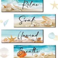 1pc Ocean Beach Bathroom Wall Decor Wooden Relax Soak Relax Breathe Wall Art Bathroom Sign Hanging Seashell Starfish Wooden Sign Room Decor Scene Decor Bedroom Decor Entrance Decor Wall Beauti