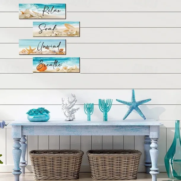 1pc Ocean Beach Bathroom Wall Decor Wooden Relax Soak Relax Breathe Wall Art Bathroom Sign Hanging Seashell Starfish Wooden Sign Room Decor Scene Decor Bedroom Decor Entrance Decor Wall Beauti