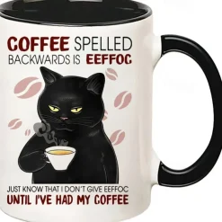 1pc Portable Ceramic Coffee Cup - Black Cat Design with Effoc Spelled Backwards - 11oz Travel Mug for On-the-Go Coffee Lovers