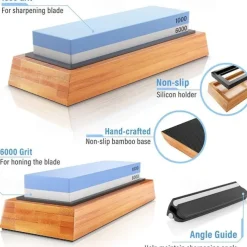 1pc Premium Whetstone, Knife Sharpening Stone, 2 Side Grit 1000/6000 Waterstone, Whetstone Knife Sharpener, Non-Slip Bamboo Base & Angle Guide
