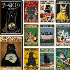 1pc Retro Metal Tin Sign Cat Wine Tin Sign Vintage Kitchen Signs Wall Decor, Painting Wall Hanging for Home Decor Wall Art Metal Tin Sign 20x30cm/8''x12''