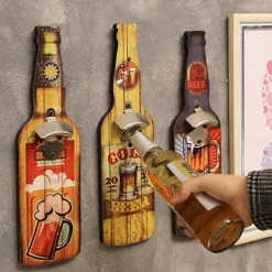1pc Retro Wooden Bottle Opener Wall Mounted Hanging Beer Openers Bar Tools Alloy Electroplating Process Bar Cafe Wall Decoration 11x39cm/4.3''x15.4''