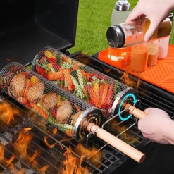 1pc Rolling Grilling Basket Nesting 2025 Upgraded with Handle Outdoor BBQ Grill Baskets Grill Vegetables Triple the Versatility Mega Capacity 304 Stainless Steel