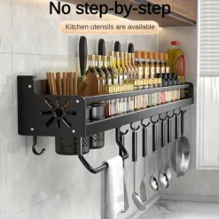 1pc Seasoning Rack With Hook, Kitchen Storage Rack, Multifunctional Household Wall-mounted Chopsticks Knife Rack, No Punching Kitchenware Storage Hanging Rack, Home Kitchen Supplies