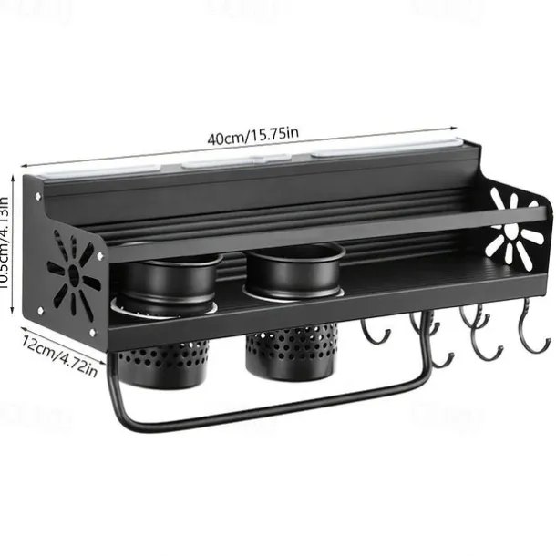 1pc Seasoning Rack With Hook, Kitchen Storage Rack, Multifunctional Household Wall-mounted Chopsticks Knife Rack, No Punching Kitchenware Storage Hanging Rack, Home Kitchen Supplies