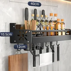 1pc Seasoning Rack With Hook, Kitchen Storage Rack, Multifunctional Household Wall-mounted Chopsticks Knife Rack, No Punching Kitchenware Storage Hanging Rack, Home Kitchen Supplies