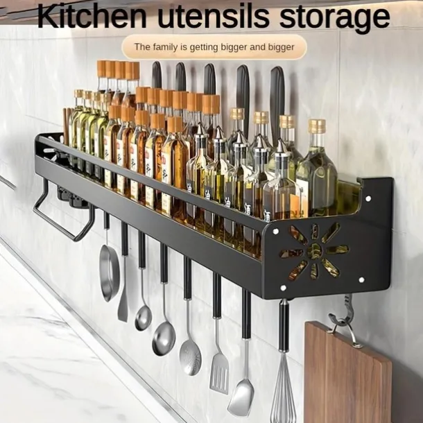 1pc Seasoning Rack With Hook, Kitchen Storage Rack, Multifunctional Household Wall-mounted Chopsticks Knife Rack, No Punching Kitchenware Storage Hanging Rack, Home Kitchen Supplies