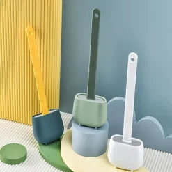 1pc, Silicone Toilet Brush And Holder Set For Bathroom, Wall Toilet Wand No-Slip Long Handle Soft Silicone Bristle Clean Toilet Corner Easily, Flexible Toilet Bowl Brush Head With Silicone Bristles
