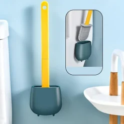 1pc, Silicone Toilet Brush And Holder Set For Bathroom, Wall Toilet Wand No-Slip Long Handle Soft Silicone Bristle Clean Toilet Corner Easily, Flexible Toilet Bowl Brush Head With Silicone Bristles
