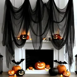 1pc Spooky Black Gauze Curtain for Halloween - Perfect for Haunted House, Nightclub, and Escape Room Decorations, Polyester Fabric, Halloween Decorations, Storage & Organization for Home & Garage