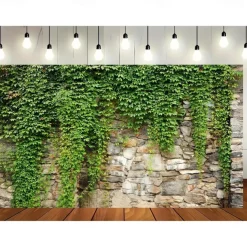 1pc Spring Garden Leaves Falling Horticultural Plants Grunge Stone Wall Green Banner Leaves And Branches Covering Vintage Architecture Photo Background