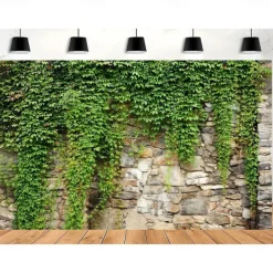 1pc Spring Garden Leaves Falling Horticultural Plants Grunge Stone Wall Green Banner Leaves And Branches Covering Vintage Architecture Photo Background