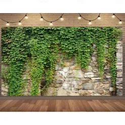 1pc Spring Garden Leaves Falling Horticultural Plants Grunge Stone Wall Green Banner Leaves And Branches Covering Vintage Architecture Photo Background