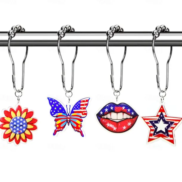 1pc 4th of July Shower Curtain Hooks With Ball Bearings, American Patriotic Blue White Red Curtain Tiebacks, Independence Day For Bathroom Accessories