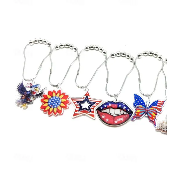 1pc 4th of July Shower Curtain Hooks With Ball Bearings, American Patriotic Blue White Red Curtain Tiebacks, Independence Day For Bathroom Accessories