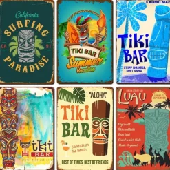1pc Tiki Bar Metal Tin Sign Summer Beach Tin Sign Vintage Beach Signs Wall Decor Painting Wall Hanging For Bar Decor Home Decor Wall Art Metal Tin Sign 20x30cm/8''x12''