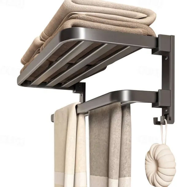 1pc Towel Rack For Bathroom, Folding Multi-layer Towel Bar, Wall Mounted Towel Holder, Bathroom Towel Hanger With Hook, Bathroom Storage And Organization, Bathroom Accessories