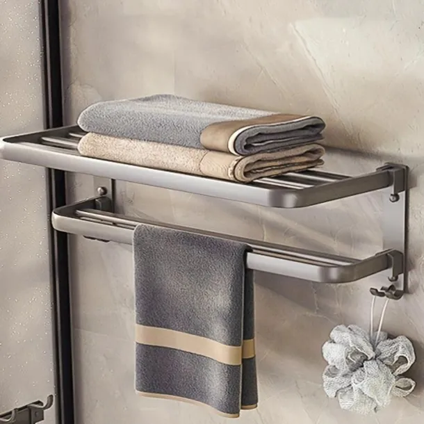 1pc Towel Rack For Bathroom, Folding Multi-layer Towel Bar, Wall Mounted Towel Holder, Bathroom Towel Hanger With Hook, Bathroom Storage And Organization, Bathroom Accessories