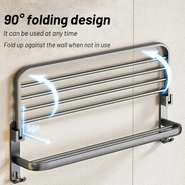 1pc Towel Rack For Bathroom, Folding Multi-layer Towel Bar, Wall Mounted Towel Holder, Bathroom Towel Hanger With Hook, Bathroom Storage And Organization, Bathroom Accessories