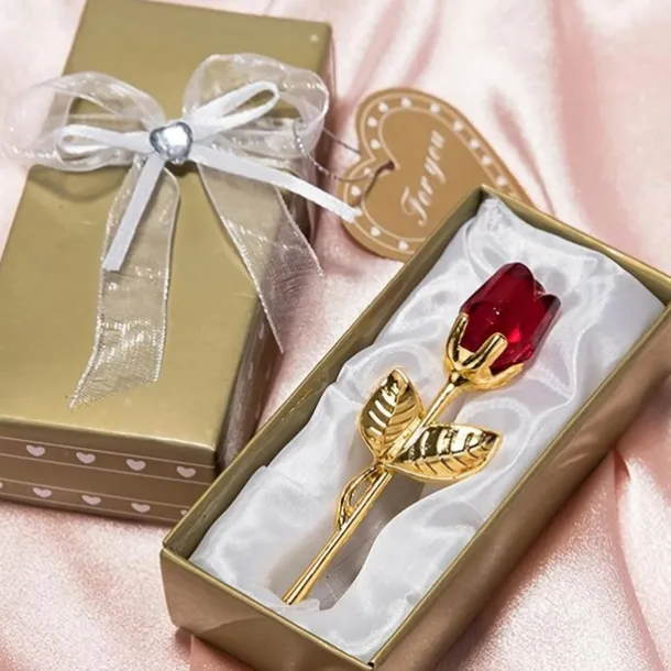 1pc, Valentines Day Gift Crystal Glass Rose Flower In Box Mini Forever Red Gold Artificial Rose For Girlfriend Wedding Gift For Guest