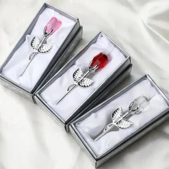 1pc, Valentines Day Gift Crystal Glass Rose Flower In Box Mini Forever Red Gold Artificial Rose For Girlfriend Wedding Gift For Guest