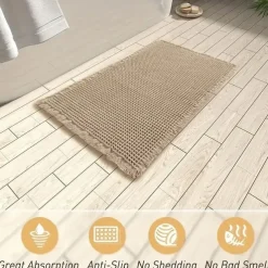 1pc Very Soft Super Absorbent Waffle Bathroom Rugs Non-slip Bathroom Mat, With Tassels Can Be Machine Washed Bathroom Mat, Non-slip Hot Melt Adhesive Transparent Rubber Bottom, kitchen Area Rugs