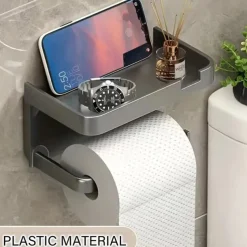 1pc Wall Mounted Toilet Paper Storage Rack & Mobile Phone Holder Self Adhesive Toilet Paper Holder With Phone Shelf Upgrade YourBathroom With Rustproof And Bathroom Washroom Black Tissue Rack