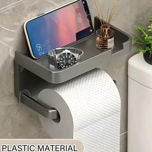 1pc Wall Mounted Toilet Paper Storage Rack & Mobile Phone Holder Self Adhesive Toilet Paper Holder With Phone Shelf Upgrade YourBathroom With Rustproof And Bathroom Washroom Black Tissue Rack