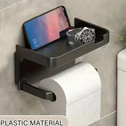 1pc Wall Mounted Toilet Paper Storage Rack & Mobile Phone Holder Self Adhesive Toilet Paper Holder With Phone Shelf Upgrade YourBathroom With Rustproof And Bathroom Washroom Black Tissue Rack
