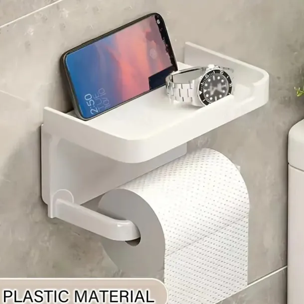 1pc Wall Mounted Toilet Paper Storage Rack & Mobile Phone Holder Self Adhesive Toilet Paper Holder With Phone Shelf Upgrade YourBathroom With Rustproof And Bathroom Washroom Black Tissue Rack