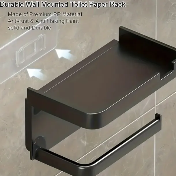 1pc Wall Mounted Toilet Paper Storage Rack & Mobile Phone Holder Self Adhesive Toilet Paper Holder With Phone Shelf Upgrade YourBathroom With Rustproof And Bathroom Washroom Black Tissue Rack