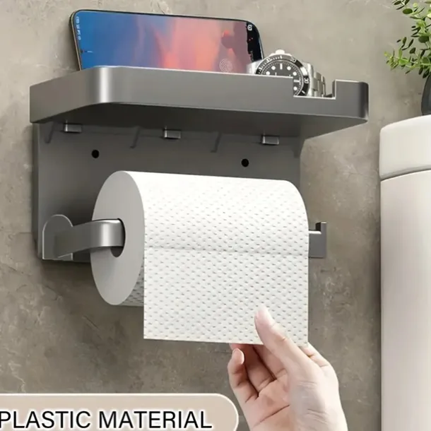1pc Wall Mounted Toilet Paper Storage Rack & Mobile Phone Holder Self Adhesive Toilet Paper Holder With Phone Shelf Upgrade YourBathroom With Rustproof And Bathroom Washroom Black Tissue Rack