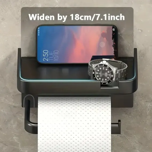 1pc Wall Mounted Toilet Paper Storage Rack & Mobile Phone Holder Self Adhesive Toilet Paper Holder With Phone Shelf Upgrade YourBathroom With Rustproof And Bathroom Washroom Black Tissue Rack