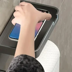 1pc Wall Mounted Toilet Paper Storage Rack & Mobile Phone Holder Self Adhesive Toilet Paper Holder With Phone Shelf Upgrade YourBathroom With Rustproof And Bathroom Washroom Black Tissue Rack