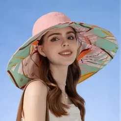 1pc Women's Reversible Wide Brim Sun Hat - Tropical Floral Design, Pink & Blue/Green Color Scheme, Breathable Polyester with Windproof Rope, Lightweight & Stylish for Beach, Outdoor, and Everyday Fash