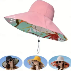 1pc Women's Reversible Wide Brim Sun Hat - Tropical Floral Design, Pink & Blue/Green Color Scheme, Breathable Polyester with Windproof Rope, Lightweight & Stylish for Beach, Outdoor, and Everyday Fash