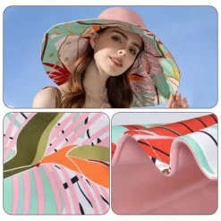 1pc Women's Reversible Wide Brim Sun Hat - Tropical Floral Design, Pink & Blue/Green Color Scheme, Breathable Polyester with Windproof Rope, Lightweight & Stylish for Beach, Outdoor, and Everyday Fash