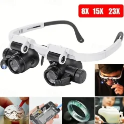 1pc 8X 15X 23X Double LED Light Magnifying Glasses, Watch Repair Magnifier, Miniature Magnifying Glass, Eye Magnifying Repair Tool For Watchmaking Coin Stamp Currency Book Errors Jewelry Necklace Magnifier Beading Biology Loupe Microscope