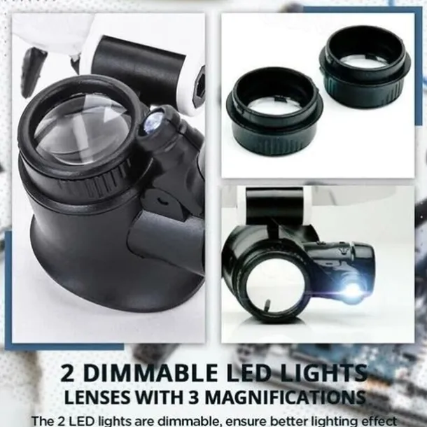 1pc 8X 15X 23X Double LED Light Magnifying Glasses, Watch Repair Magnifier, Miniature Magnifying Glass, Eye Magnifying Repair Tool For Watchmaking Coin Stamp Currency Book Errors Jewelry Necklace Magnifier Beading Biology Loupe Microscope